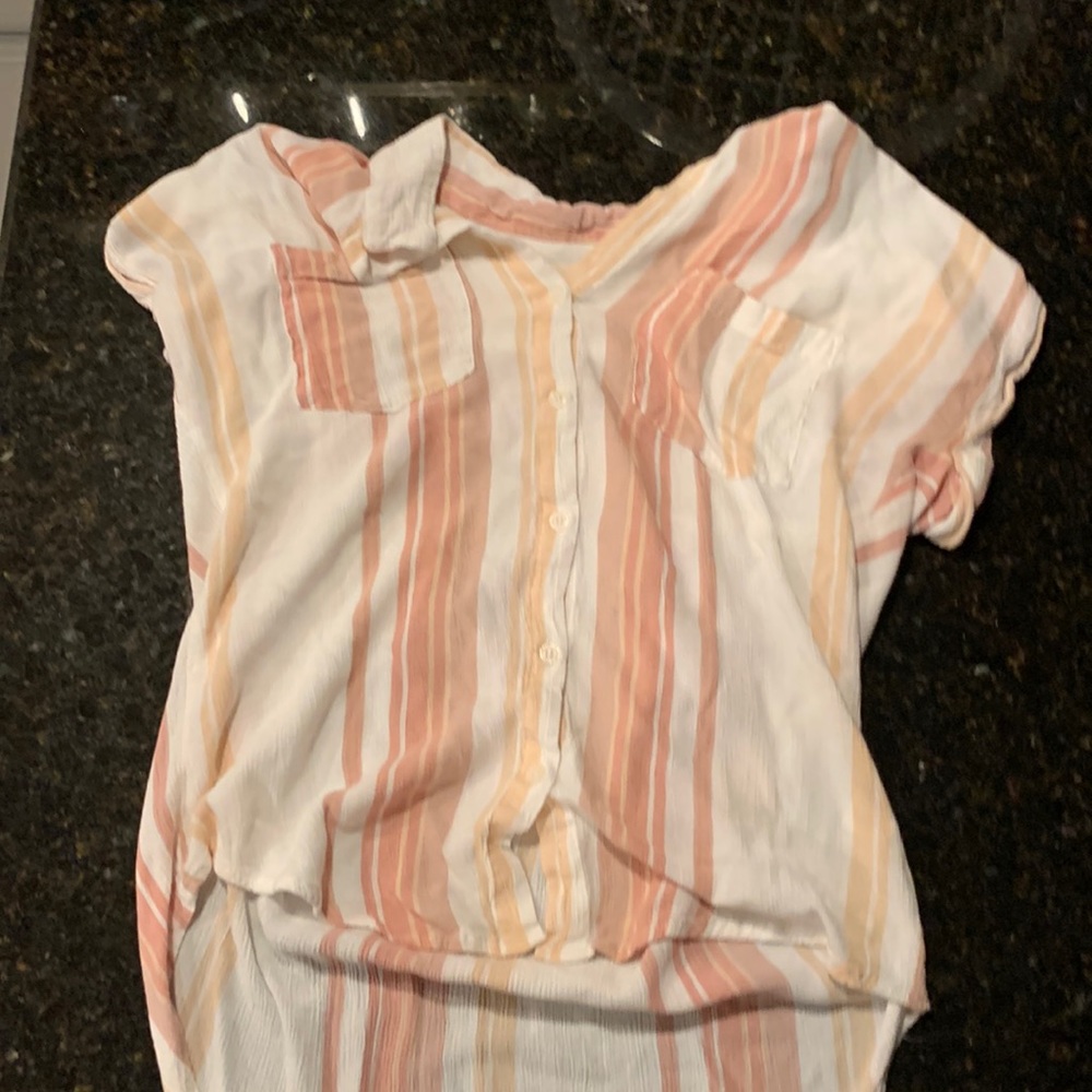Thread and supply, Striped button up shirt, light, orange, rosy, pink, and white